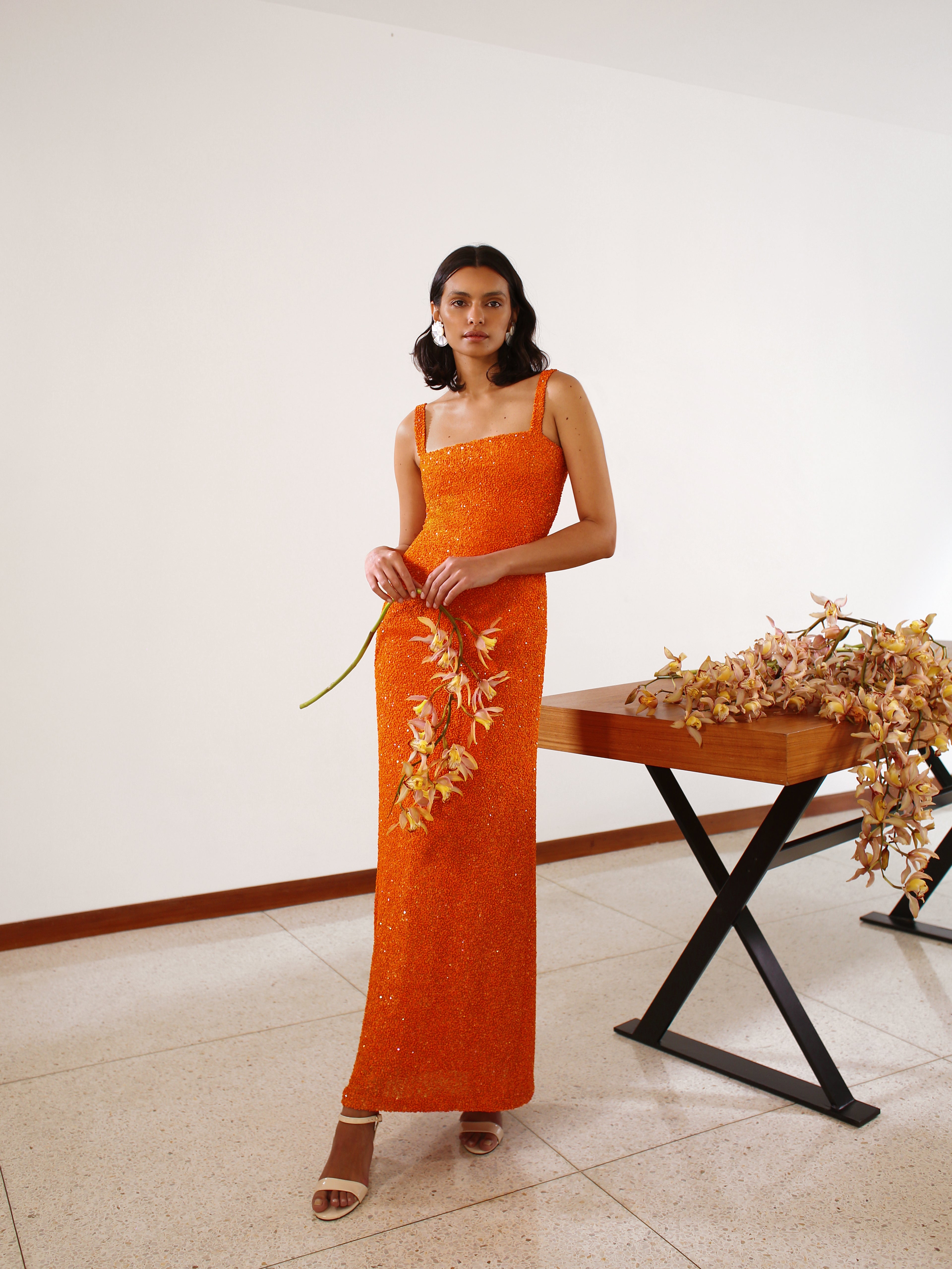 orange designer dress LUCIERNAGA DRESS IN HOT ORANGE – No Pise La Grama Web