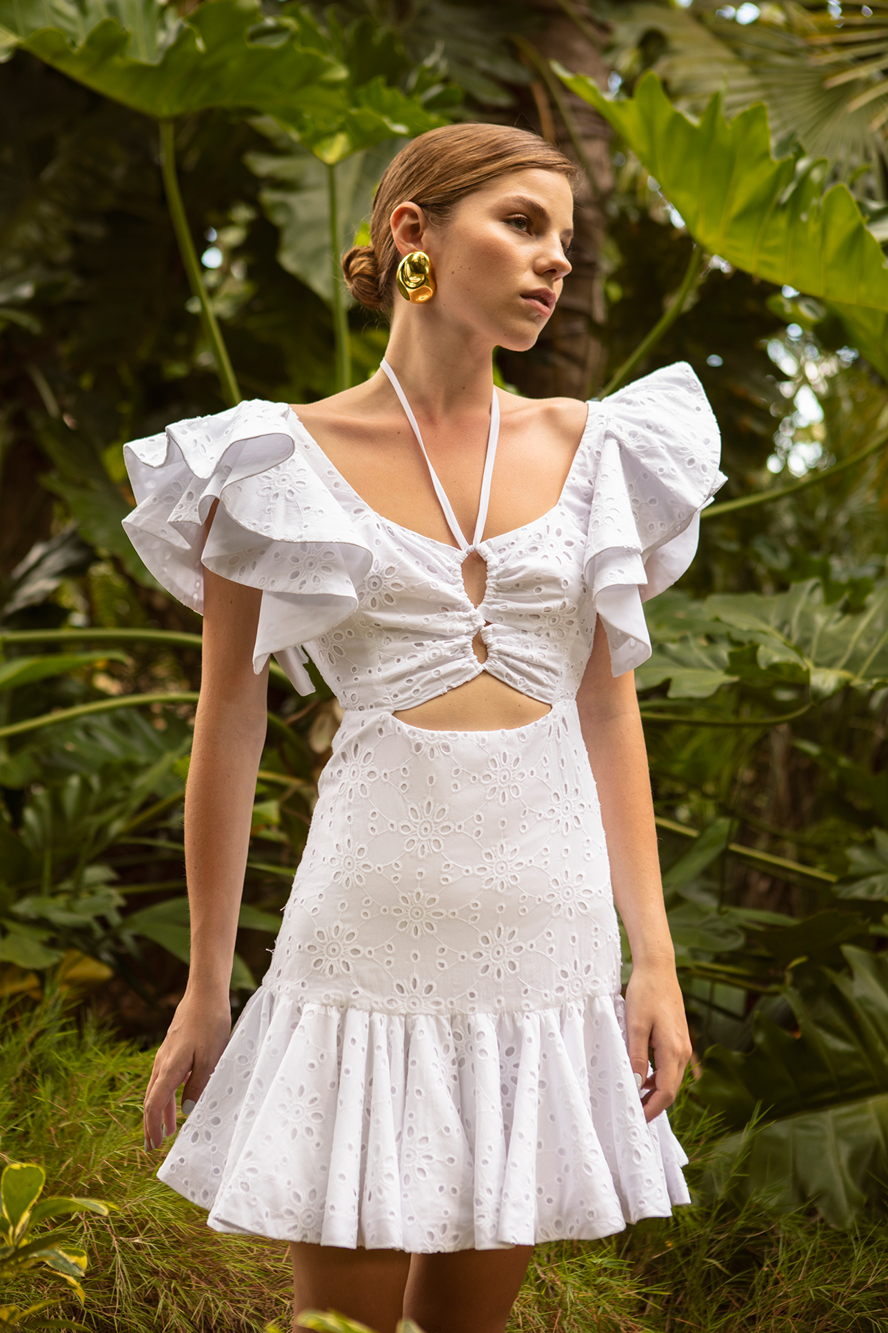 knee length dresses for ladies Off White Eyelet Lace Short Sleeve Cotton Mini Dress