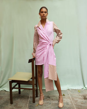 
            
                Load image into Gallery viewer, FILOSOFIA DRESS IN KHAKI AND PINK STRIPES
            
        
