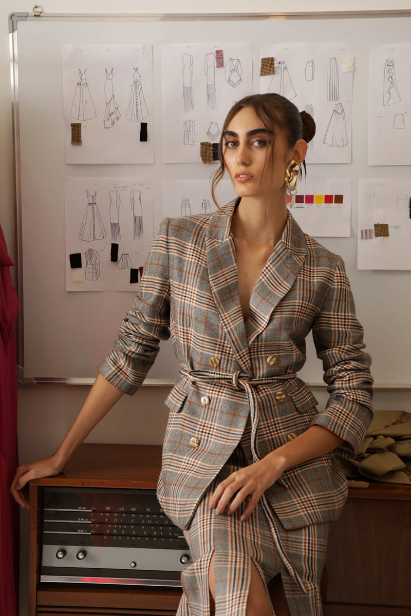 MARCELA TAILORED JACKET SUIT IN GREY PLAID