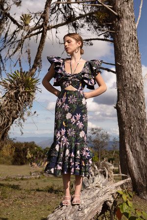 
            
                Load image into Gallery viewer, CHOCOLATE MIDI DRESS IN PASSIFLORA NAVY PRINT
            
        