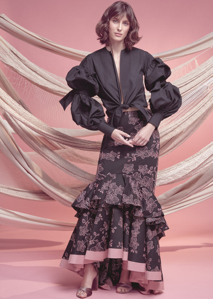 FLORA SKIRT IN BLACK WITH PINK ORCHID EMBROIDERY