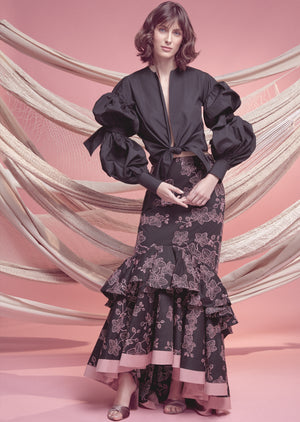 
            
                Load image into Gallery viewer, FLORA SKIRT IN BLACK WITH PINK ORCHID EMBROIDERY
            
        