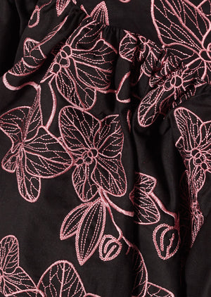 
            
                Load image into Gallery viewer, FLORA SKIRT IN BLACK WITH PINK ORCHID EMBROIDERY
            
        