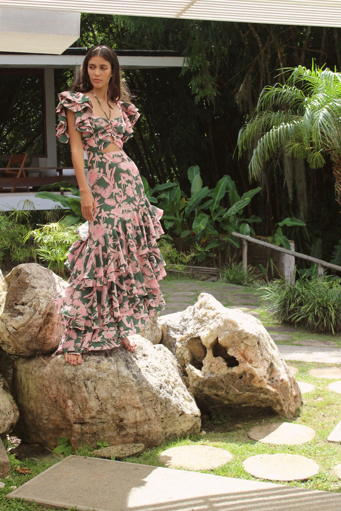 
            
                Load image into Gallery viewer, CHOCOLATE DRESS IN JARDIN TROPICAL VERDE
            
        