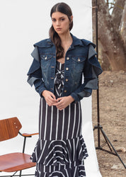 TOMA CONCIENCIA JACKET IN DENIM WITH WHITE EMBROIDERY - No Pise La Grama Web