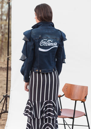 TOMA CONCIENCIA JACKET IN DENIM WITH WHITE EMBROIDERY