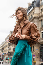 AMATISTA SKIRT IN TEAL GREEN, WITH OSTRICH FEATHERS - No Pise La Grama Web