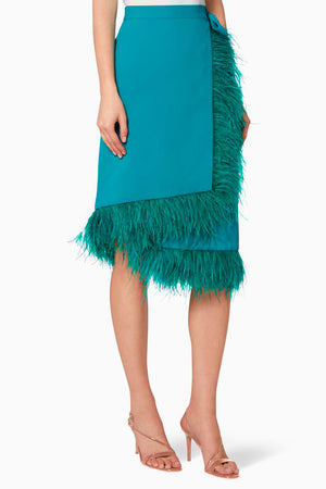 AMATISTA SKIRT IN TEAL GREEN, WITH OSTRICH FEATHERS