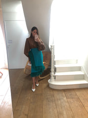 AMATISTA SKIRT IN TEAL GREEN, WITH OSTRICH FEATHERS - No Pise La Grama Web