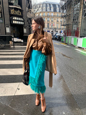 AMATISTA SKIRT IN TEAL GREEN, WITH OSTRICH FEATHERS - No Pise La Grama Web