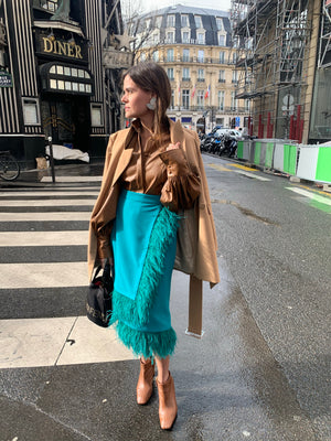 AMATISTA SKIRT IN TEAL GREEN, WITH OSTRICH FEATHERS